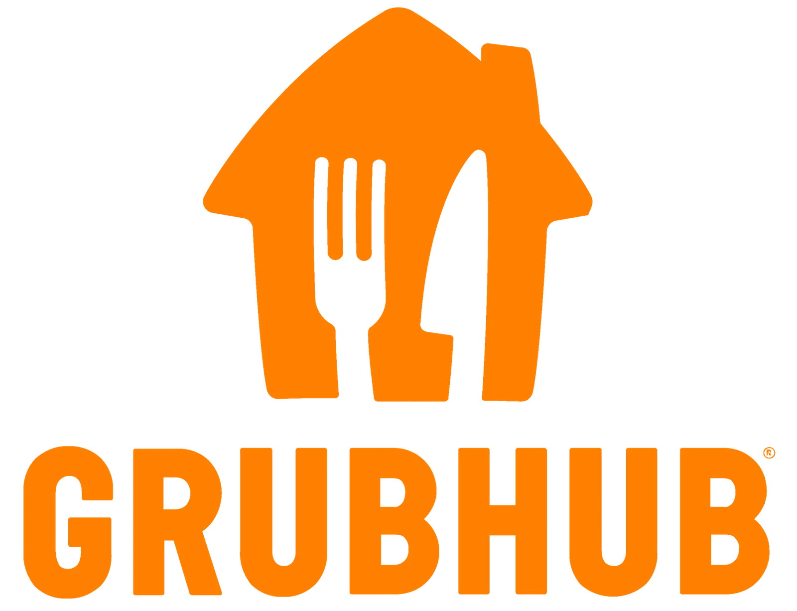 Official Grubhub logo in orange, featuring a house icon formed by a fork and knife, symbolizing food delivery.