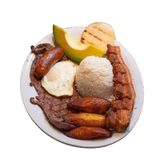 A delicious traditional Latin American breakfast plate featuring grilled steak, a sunny-side-up egg, fried plantains, crispy pork belly, avocado, arepa, and a mound of white rice, served on a white plate