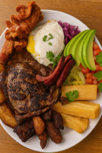 Traditional Central American breakfast plate with grilled steak, fried plantains, avocado, egg, chorizo, yuca, pork belly, red cabbage, and beans