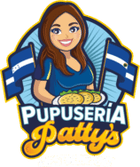 Logo de Pupusería Patty’s con una mujer sonriente sosteniendo pupusas, acompañada de las banderas de El Salvador y Honduras