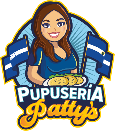 Logo de Pupusería Patty’s con una mujer sonriente sosteniendo pupusas, acompañada de las banderas de El Salvador y Honduras